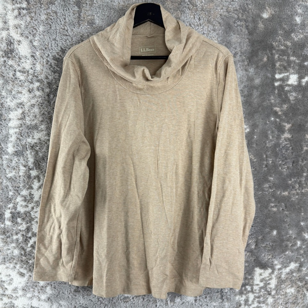 L.L.Bean Size XL Cowl Neck Cotton Knit Pullover Top Beige Long Sleeve Women